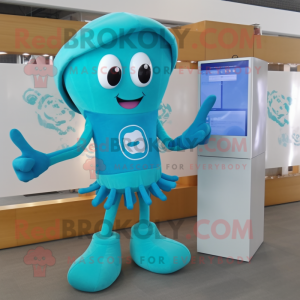 Turquoise Jellyfish mascot costume character dressed with a Flare Jeans and Smartwatches