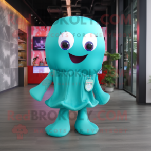 Turquoise Jellyfish mascot costume character dressed with a Flare Jeans and Smartwatches