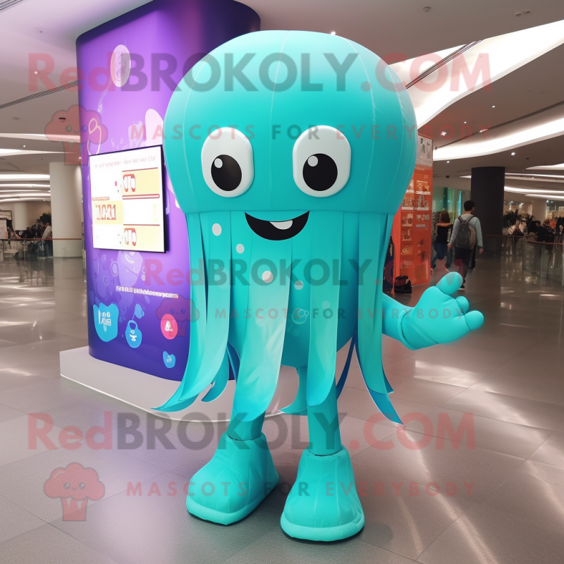 Turquoise Jellyfish mascot costume character dressed with a Flare Jeans and Smartwatches