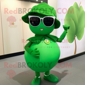 Forest Green Apple mascot costume character dressed with a Ball Gown and Sunglasses