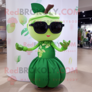 Forest Green Apple mascot costume character dressed with a Ball Gown and Sunglasses