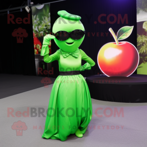 Forest Green Apple mascot costume character dressed with a Ball Gown and Sunglasses