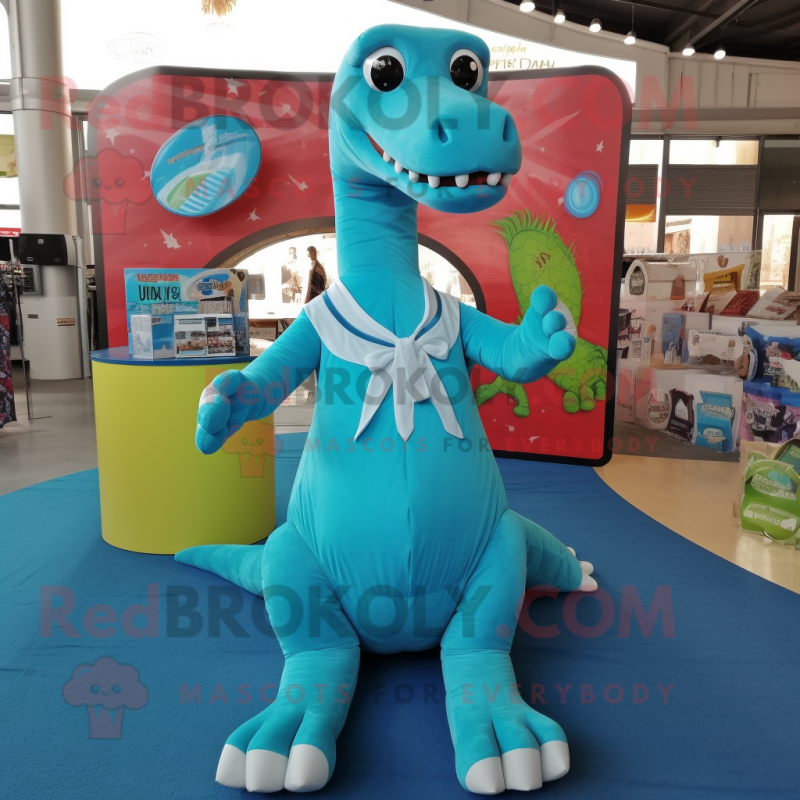 Turquoise Diplodocus mascot costume character dressed with a Romper and Shoe clips Turquoise Diplodocus mascot costume character dressed with a Romper and Shoe clips