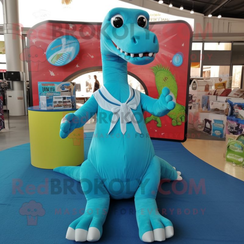 Turquoise Diplodocus mascot costume character dressed with a Romper and Shoe clips