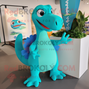 Turquoise Diplodocus mascot costume character dressed with a Romper and Shoe clips