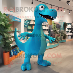 Turquoise Diplodocus mascot costume character dressed with a Romper and Shoe clips