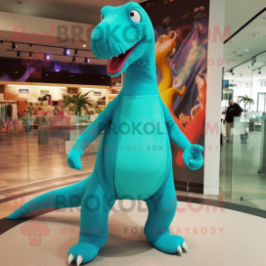 Turquoise Diplodocus mascot costume character dressed with a Romper and Shoe clips