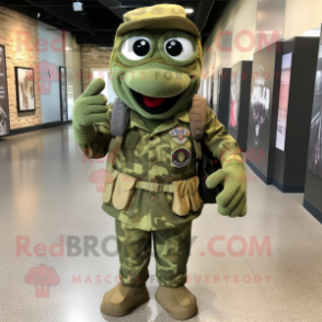 Olive Green Beret mascot costume character dressed with a Maxi Dress and Messenger bags