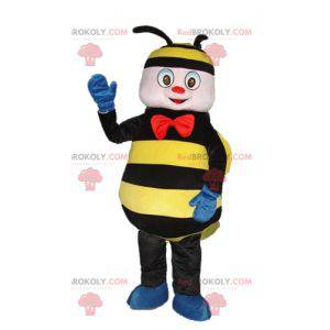 Mascote da abelha vespa preta e amarela com um laço vermelho -