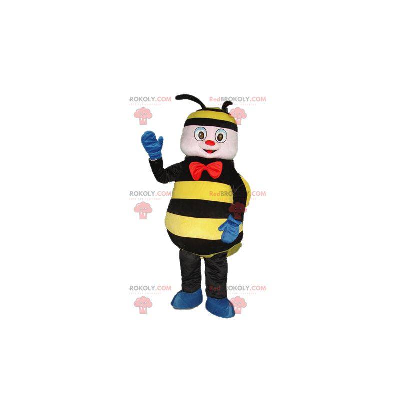 Mascote da abelha vespa preta e amarela com um laço vermelho -