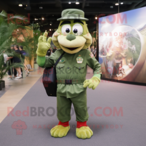 Olive Green Beret mascot costume character dressed with a Maxi Dress and Messenger bags