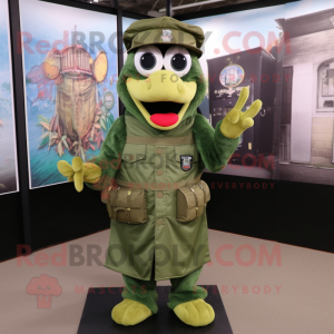 Olive Green Beret mascot costume character dressed with a Maxi Dress and Messenger bags