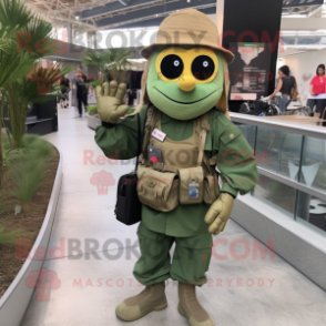 Olive Green Beret mascot costume character dressed with a Maxi Dress and Messenger bags