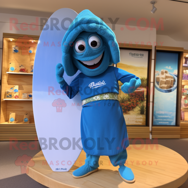 Blue Falafel mascot costume character dressed with a Board Shorts and Belts Blue Falafel mascot costume character dressed with a Board Shorts and Belts