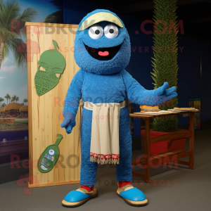 Blue Falafel mascot costume character dressed with a Board Shorts and Belts