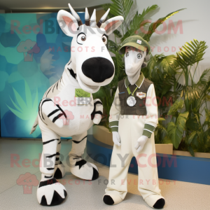 White Okapi mascot costume character dressed with a Jumpsuit and Brooches