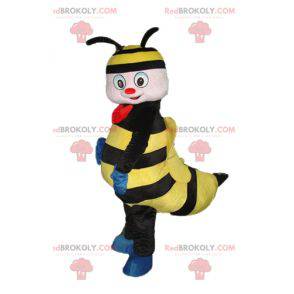 Mascota de abeja avispa negra y amarilla con un lazo rojo -