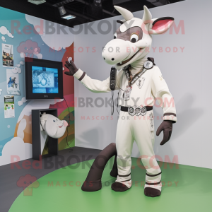 White Okapi mascot costume character dressed with a Jumpsuit and Brooches