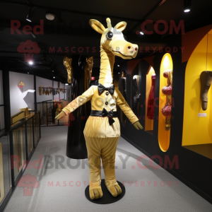 Gold Giraffe mascot costume character dressed with a Sheath Dress and Shoe laces
