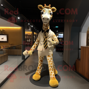 Gold Giraffe mascot costume character dressed with a Sheath Dress and Shoe laces