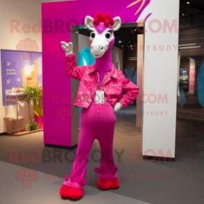 Magenta Giraffe mascot costume character dressed with a Flare Jeans and Pocket squares