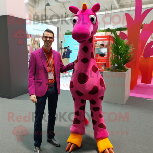 Magenta Giraffe mascot costume character dressed with a Flare Jeans and Pocket squares