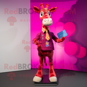 Magenta Giraffe mascot costume character dressed with a Flare Jeans and Pocket squares