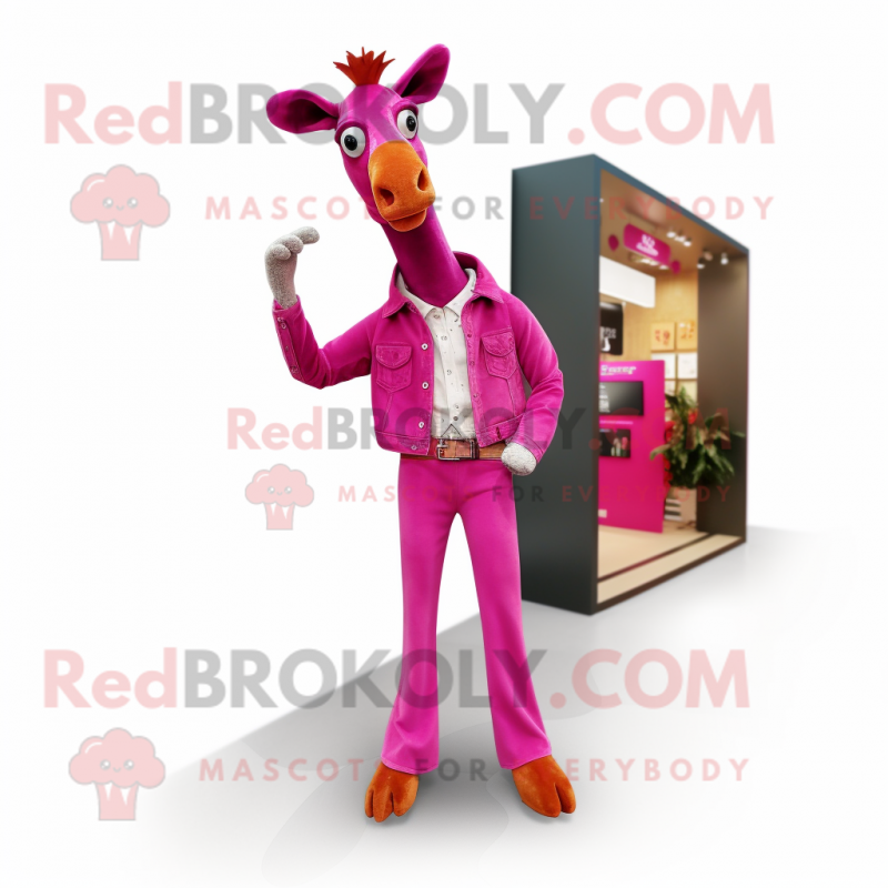 Magenta Giraffe mascot costume character dressed with a Flare Jeans and Pocket squares