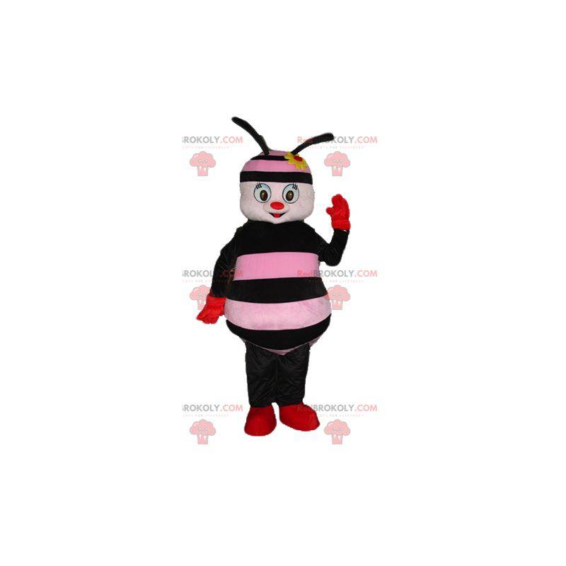 Mascota de abeja rosa y negra con una flor en la cabeza. -