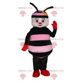 Mascota de abeja rosa y negra con una flor en la cabeza. -