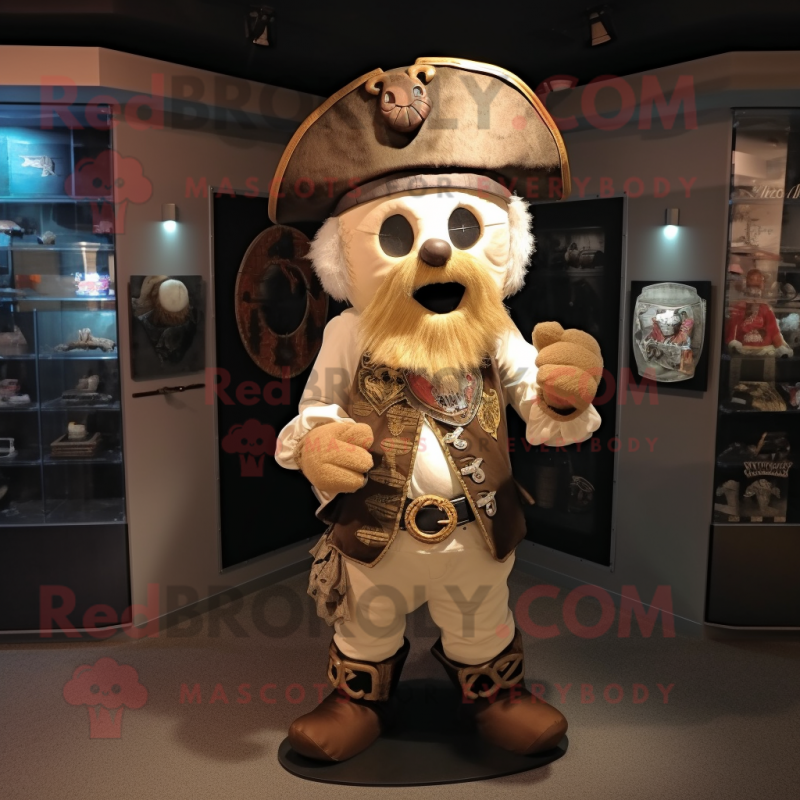 Beige Pirate mascot costume character dressed with a Moto Jacket and Hat pins