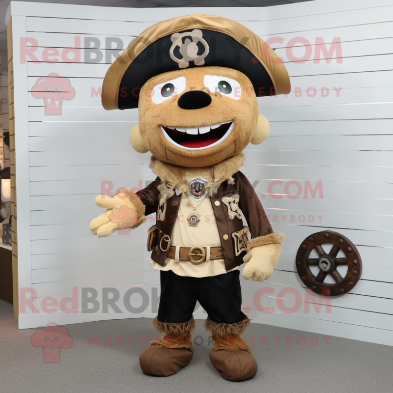 Beige Pirate mascot costume character dressed with a Moto Jacket and Hat pins Beige Pirate mascot costume character dressed with a Moto Jacket and Hat pins