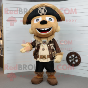 Beige Pirate mascot costume character dressed with a Moto Jacket and Hat pins