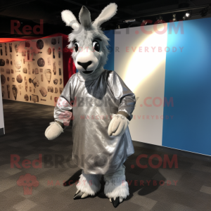 Silver Donkey mascot costume character dressed with a Wrap Dress and Earrings