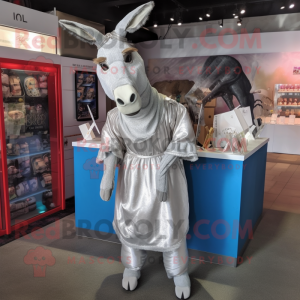 Silver Donkey mascot costume character dressed with a Wrap Dress and Earrings