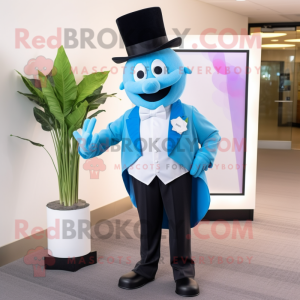 Sky Blue Plum mascot costume character dressed with a Tuxedo and Pocket squares