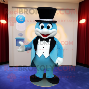 Sky Blue Plum mascot costume character dressed with a Tuxedo and Pocket squares