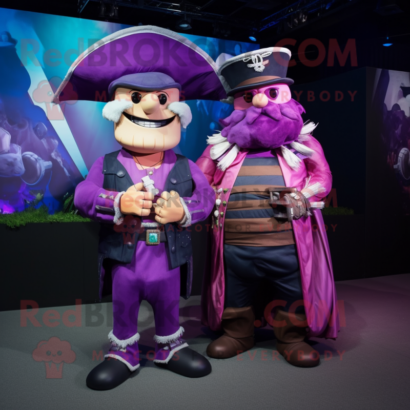 Purple Pirate mascot costume character dressed with a Evening Gown and Watches