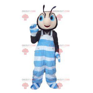 Black and pink insect mascot in blue and white overalls -