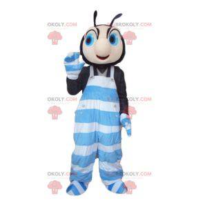 Black and pink insect mascot in blue and white overalls -