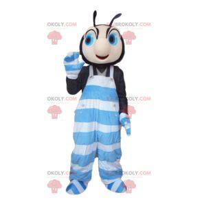 Mascotte di insetti neri e rosa in tuta blu e bianca -