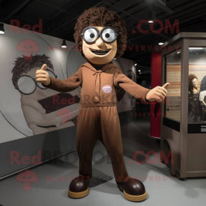 Brown Knife Thrower mascot costume character dressed with a Jumpsuit and Eyeglasses