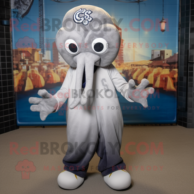 Gray Octopus mascot costume character dressed with a Baseball Tee and Hats