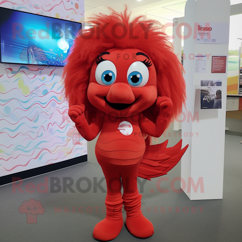 Red Betta Fish mascot costume character dressed with a Leggings and Hair clips Red Betta Fish mascot costume character dressed with a Leggings and Hair clips
