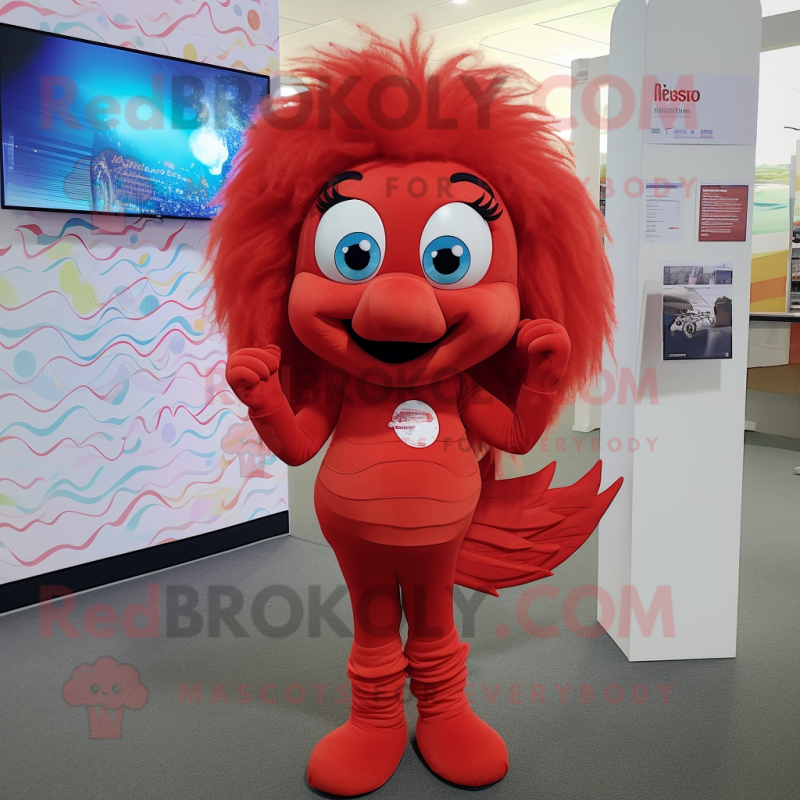 Red Betta Fish mascot costume character dressed with a Leggings and Hair clips