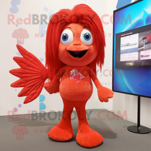 Red Betta Fish mascot costume character dressed with a Leggings and Hair clips