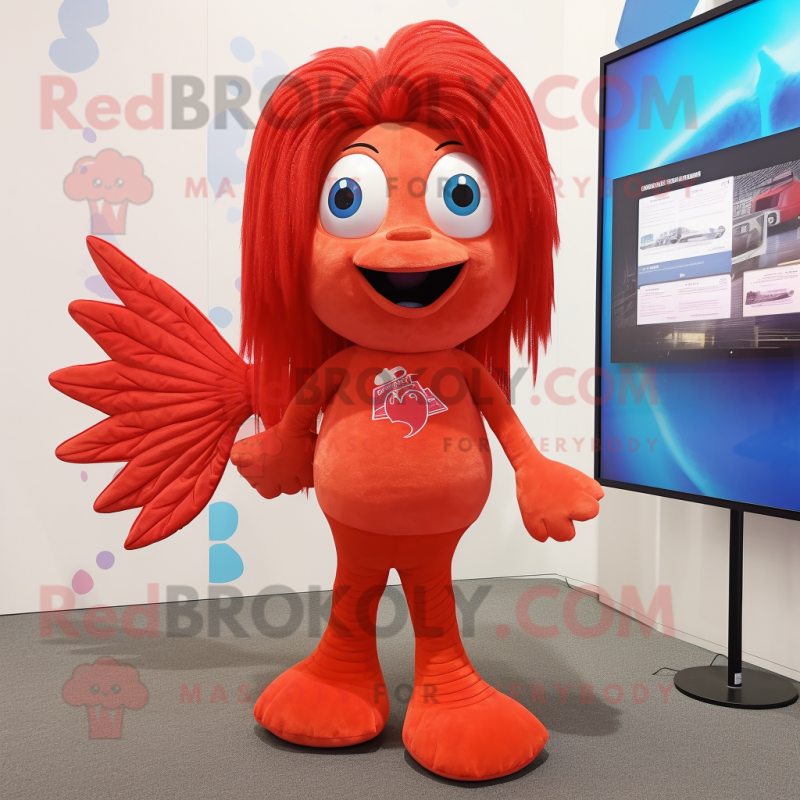 Red Betta Fish mascot costume character dressed with a Leggings and Hair clips Red Betta Fish mascot costume character dressed with a Leggings and Hair clips