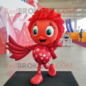 Red Betta Fish mascot costume character dressed with a Leggings and Hair clips