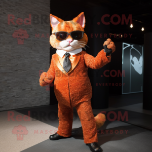 Rust Cat mascot costume character dressed with a Evening Gown and Sunglasses