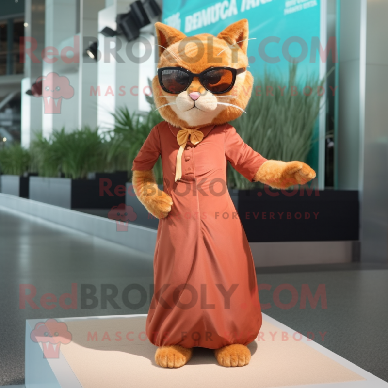 Rust Cat mascot costume character dressed with a Evening Gown and Sunglasses